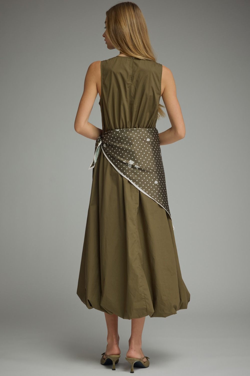 Midi Dress with Scarf Overlay - Olive