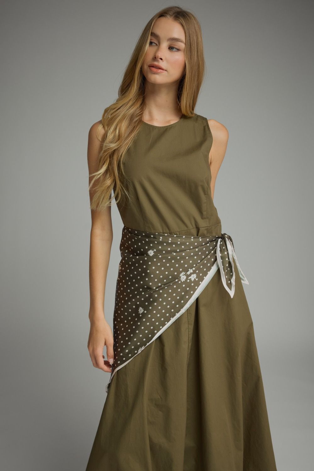 Midi Dress with Scarf Overlay - Olive