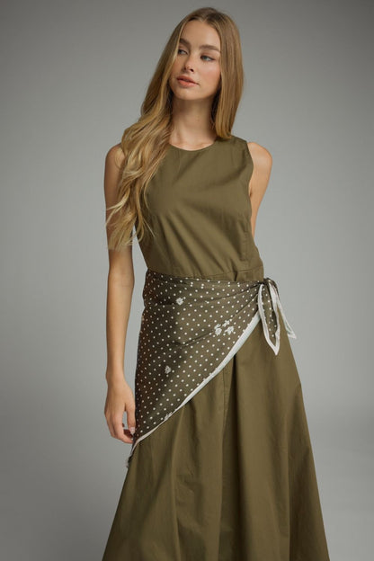 Midi Dress with Scarf Overlay - Olive