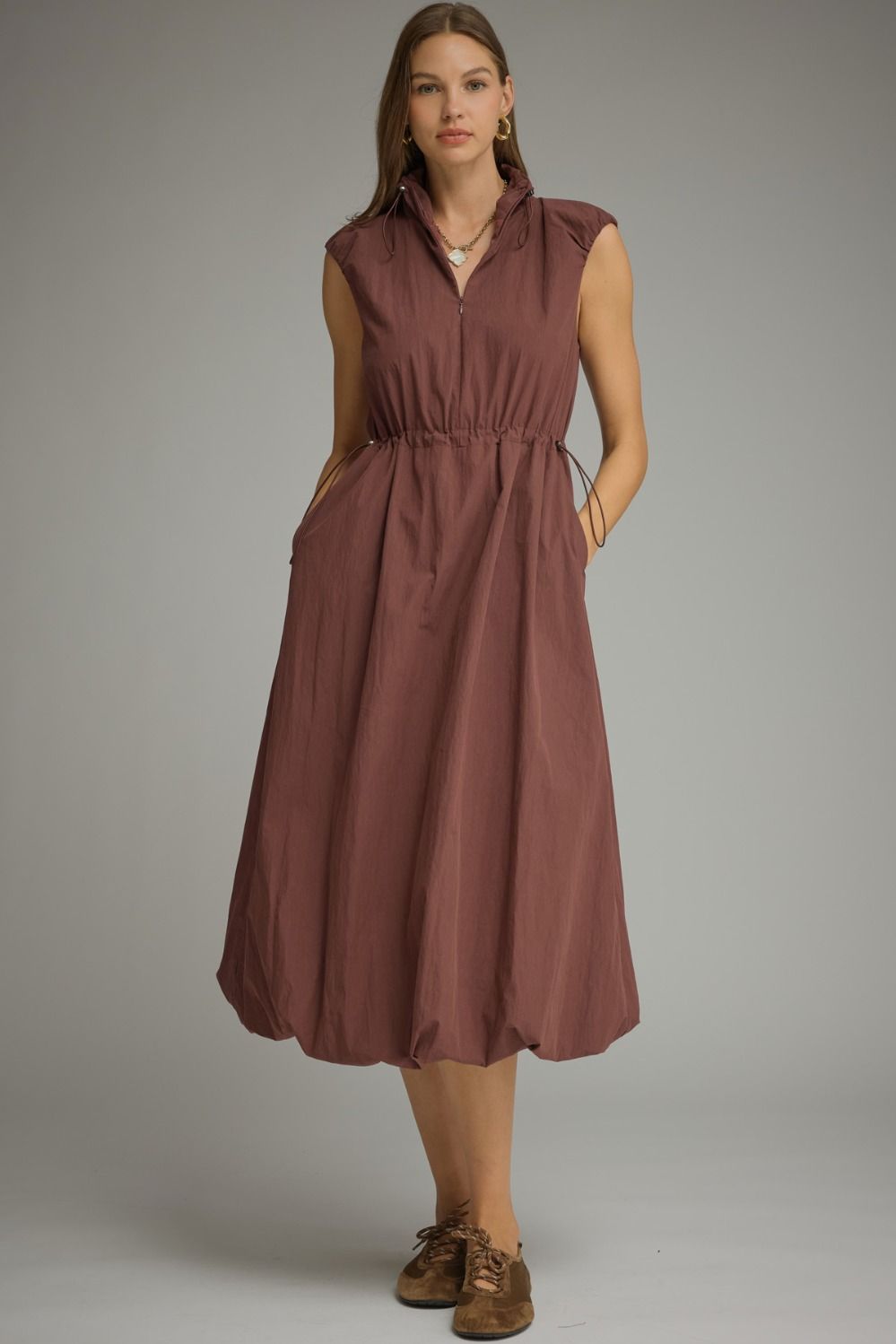 Drawstring Waist Bubble Hem Dress - Red Bean