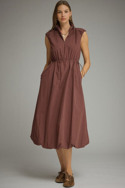 Drawstring Waist Bubble Hem Dress - Red Bean