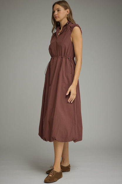 Drawstring Waist Bubble Hem Dress - Red Bean
