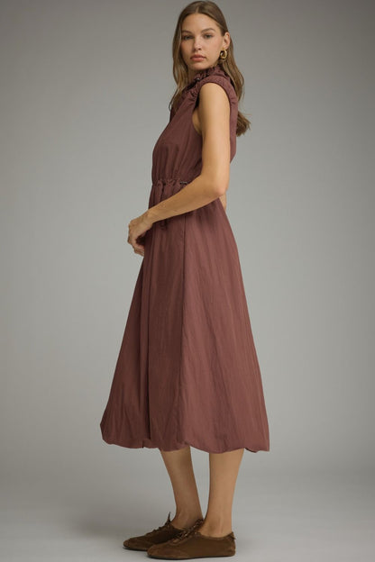 Drawstring Waist Bubble Hem Dress - Red Bean