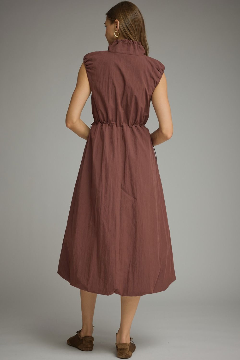 Drawstring Waist Bubble Hem Dress - Red Bean