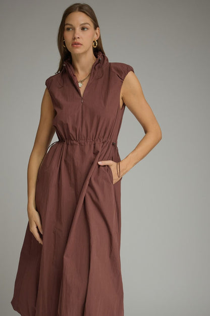 Drawstring Waist Bubble Hem Dress - Red Bean
