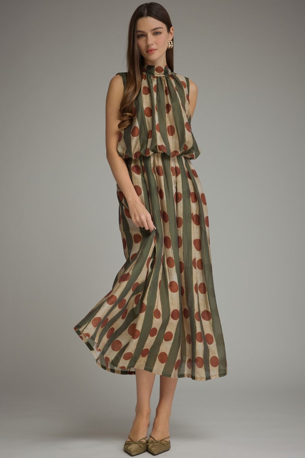 Printed Sleeveless High Neck Midi Dress - Olive