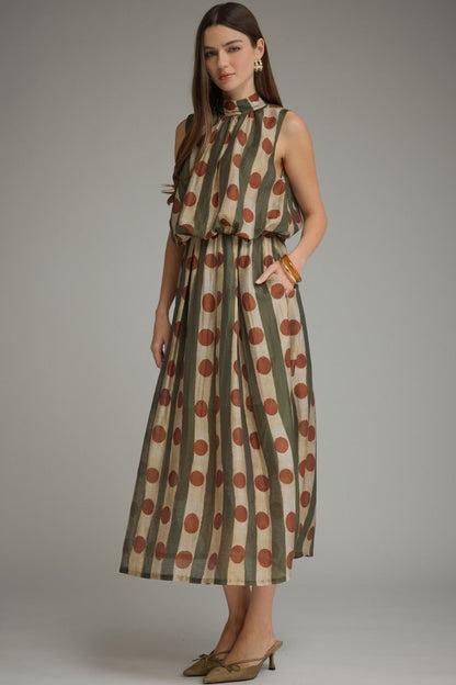 Printed Sleeveless High Neck Midi Dress - Olive