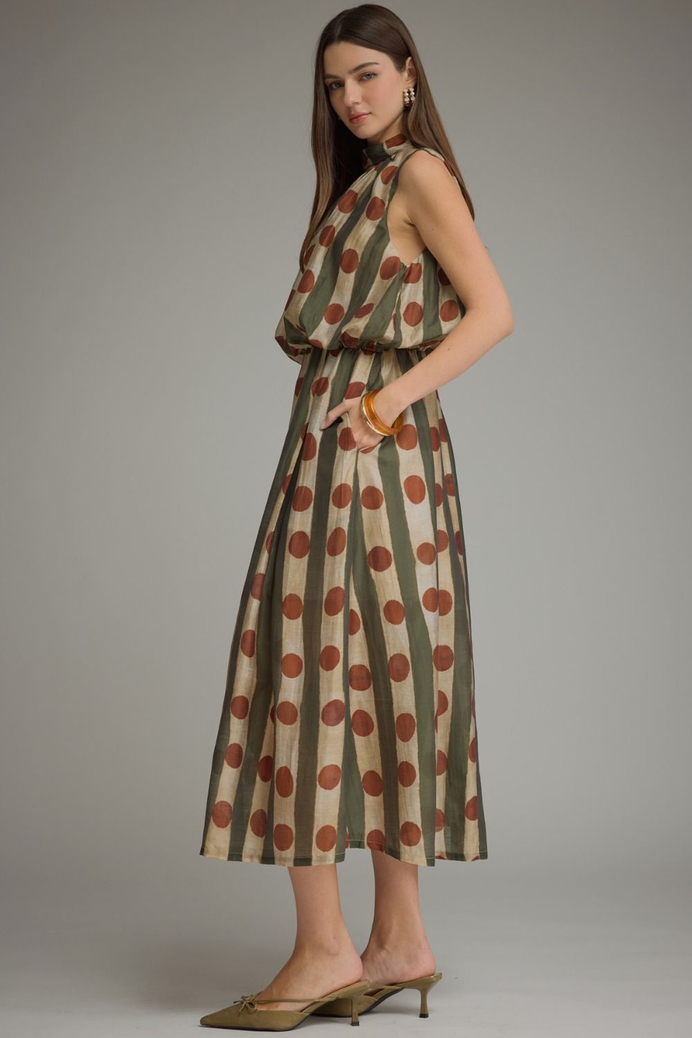 Printed Sleeveless High Neck Midi Dress - Olive