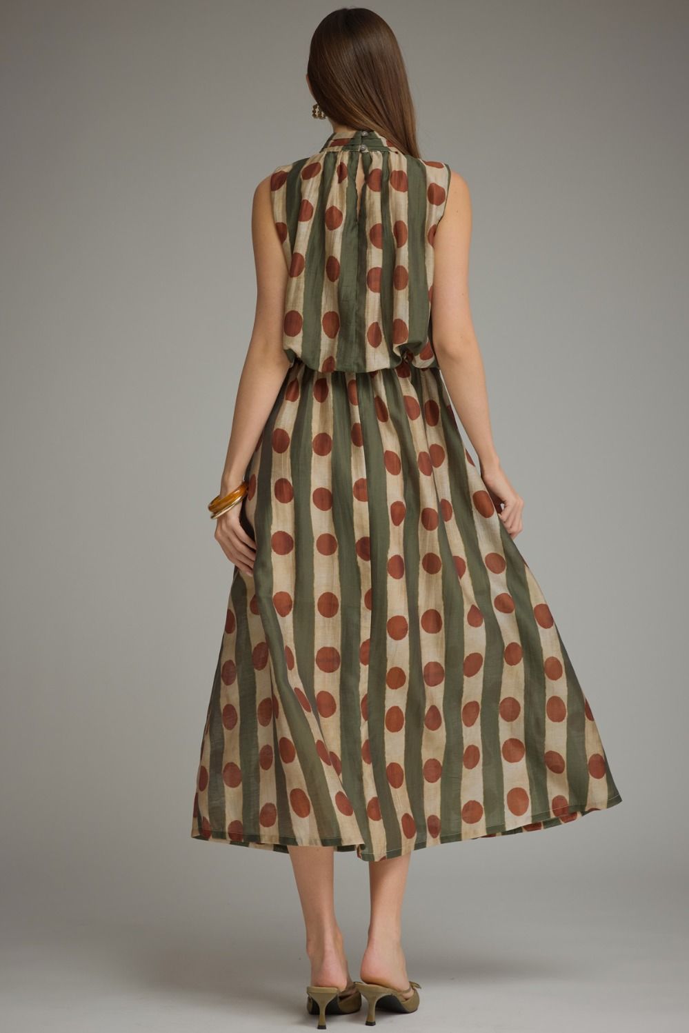 Printed Sleeveless High Neck Midi Dress - Olive
