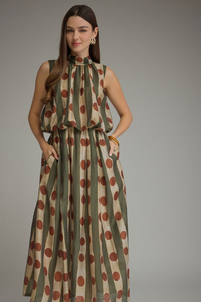 Printed Sleeveless High Neck Midi Dress - Olive