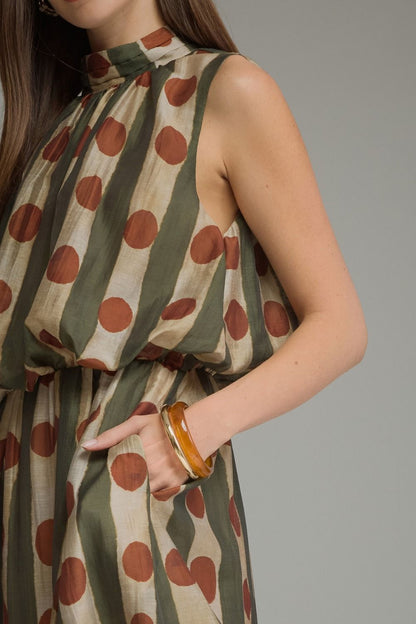 Printed Sleeveless High Neck Midi Dress - Olive