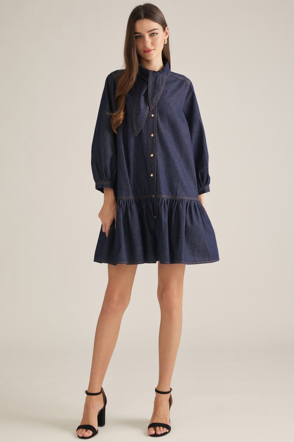 3/4 Puff Sleeve Denim Mini Dress - Dark Denim