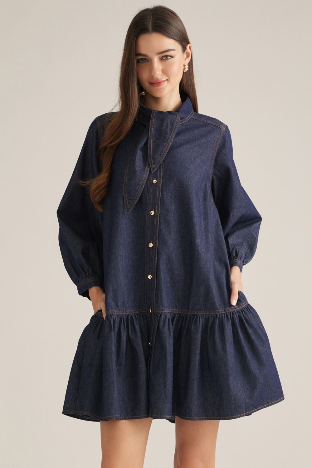 3/4 Puff Sleeve Denim Mini Dress - Dark Denim
