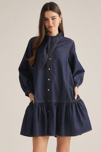 3/4 Puff Sleeve Denim Mini Dress - Dark Denim