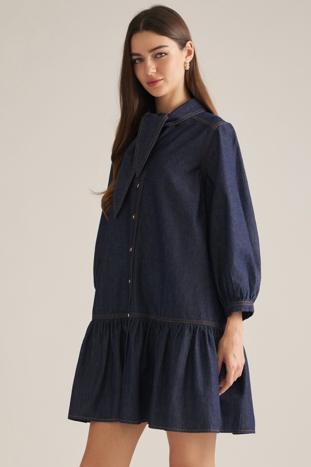 3/4 Puff Sleeve Denim Mini Dress - Dark Denim