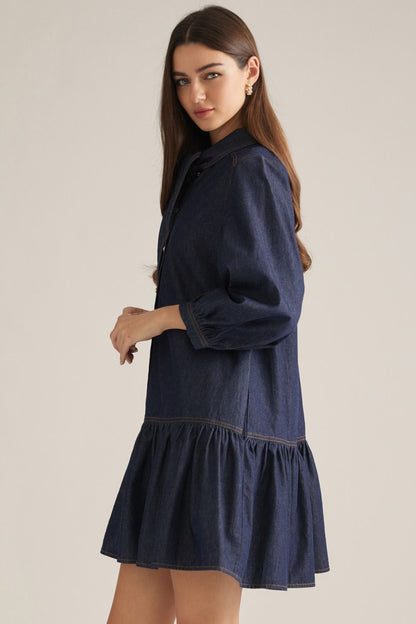 3/4 Puff Sleeve Denim Mini Dress - Dark Denim