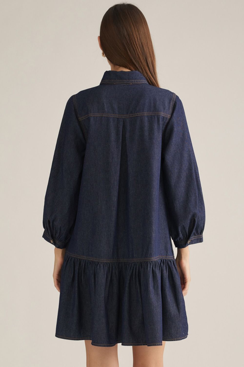 3/4 Puff Sleeve Denim Mini Dress - Dark Denim