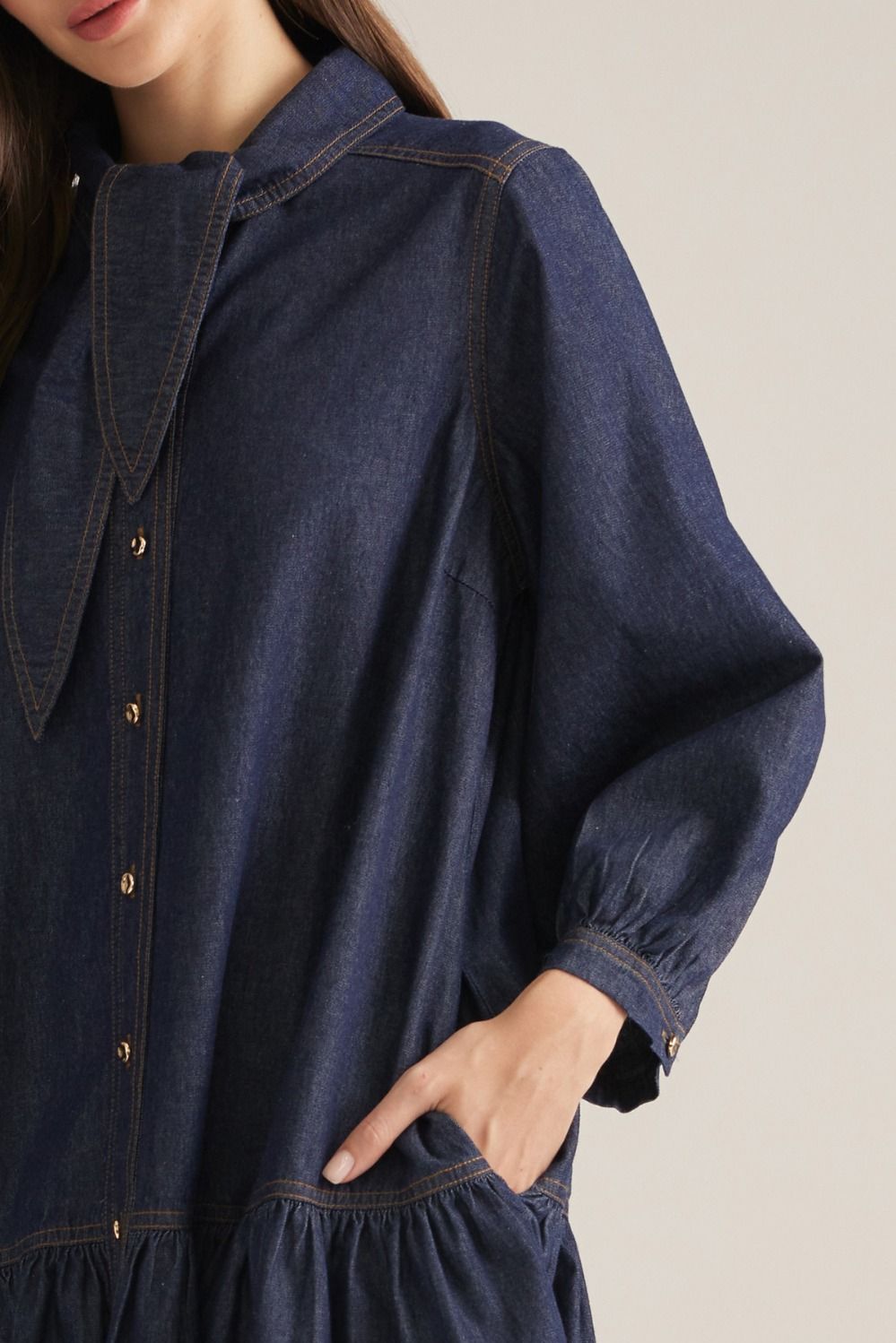 3/4 Puff Sleeve Denim Mini Dress - Dark Denim