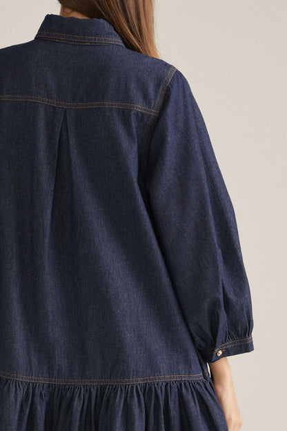 3/4 Puff Sleeve Denim Mini Dress - Dark Denim