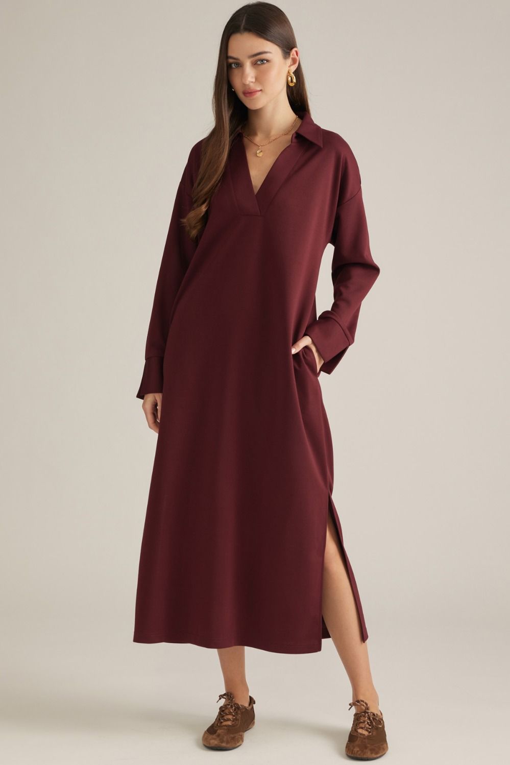 Collared Split Neckline Solid Dress - Wine