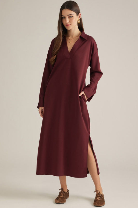 Collared Split Neckline Solid Dress - Wine