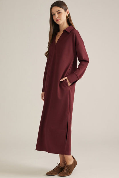 Collared Split Neckline Solid Dress - Wine