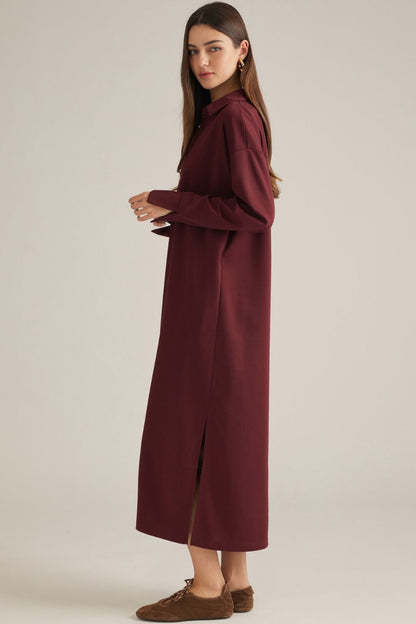 Collared Split Neckline Solid Dress - Wine