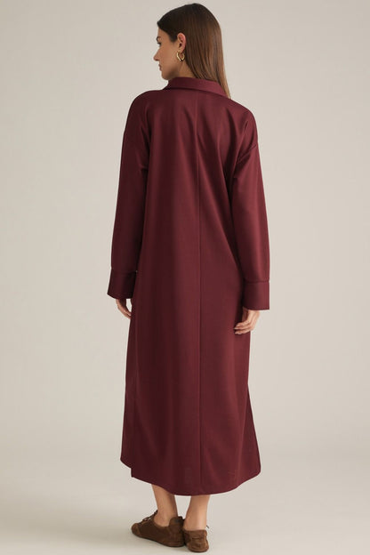 Collared Split Neckline Solid Dress - Wine