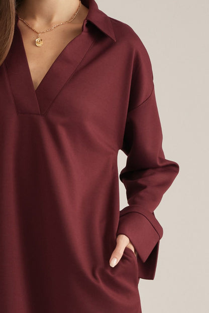 Collared Split Neckline Solid Dress - Wine
