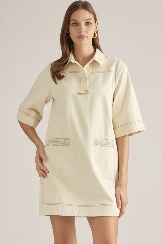 Solid Short Sleeve Mini Dress - Ecru