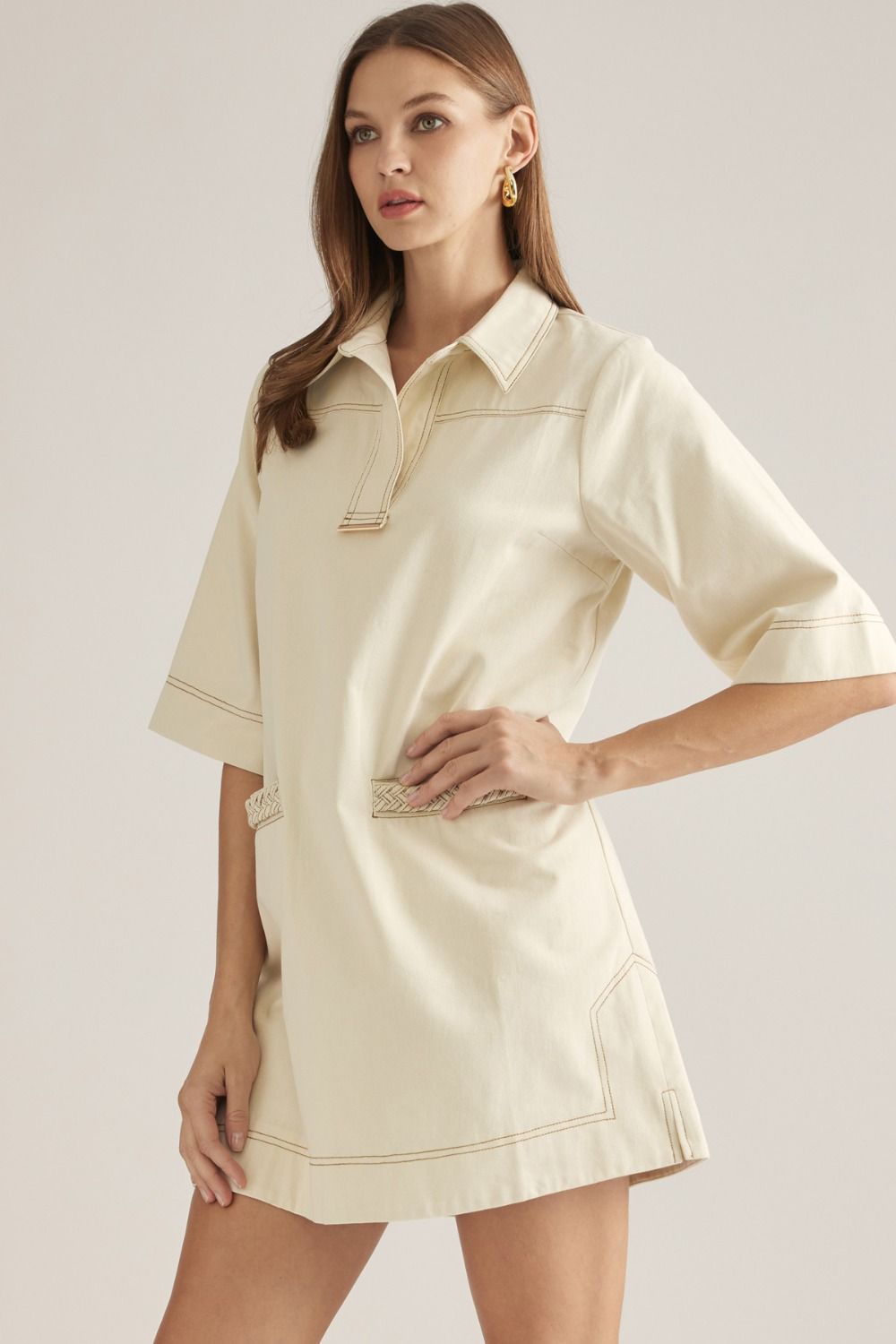 Solid Short Sleeve Mini Dress - Ecru