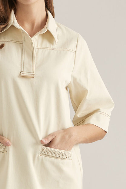 Solid Short Sleeve Mini Dress - Ecru