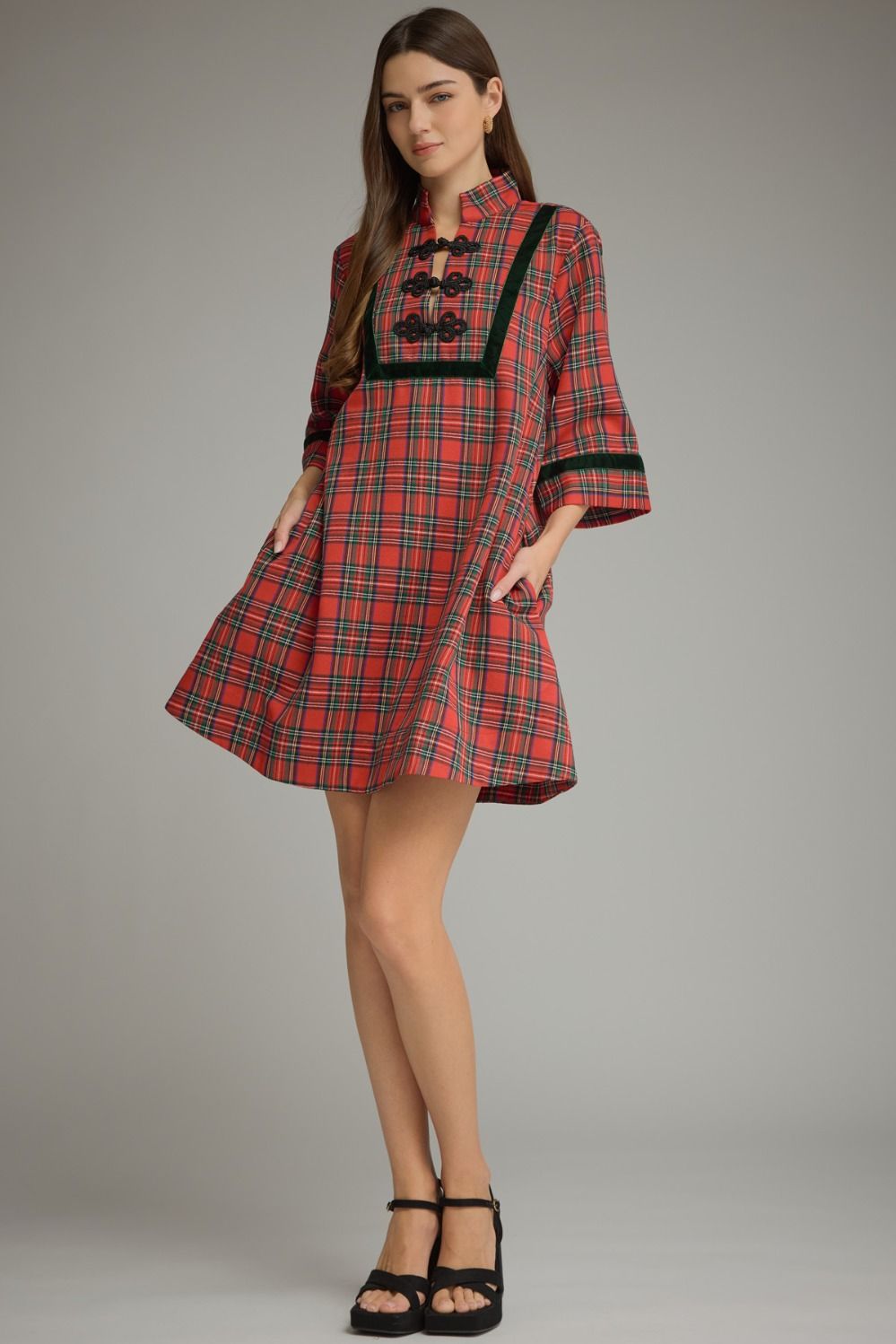 Plaid 3/4 Sleeve Mini Dress - Red