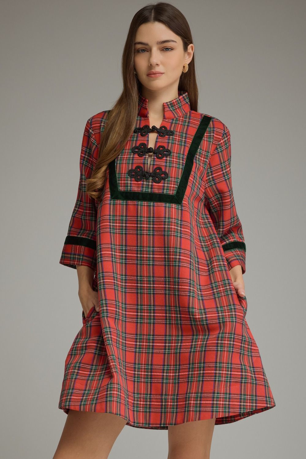 Plaid 3/4 Sleeve Mini Dress - Red