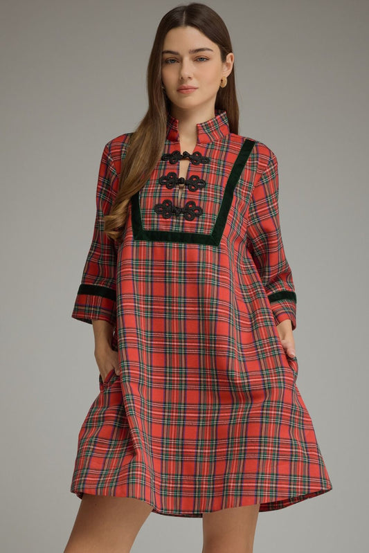 Plaid 3/4 Sleeve Mini Dress - Red
