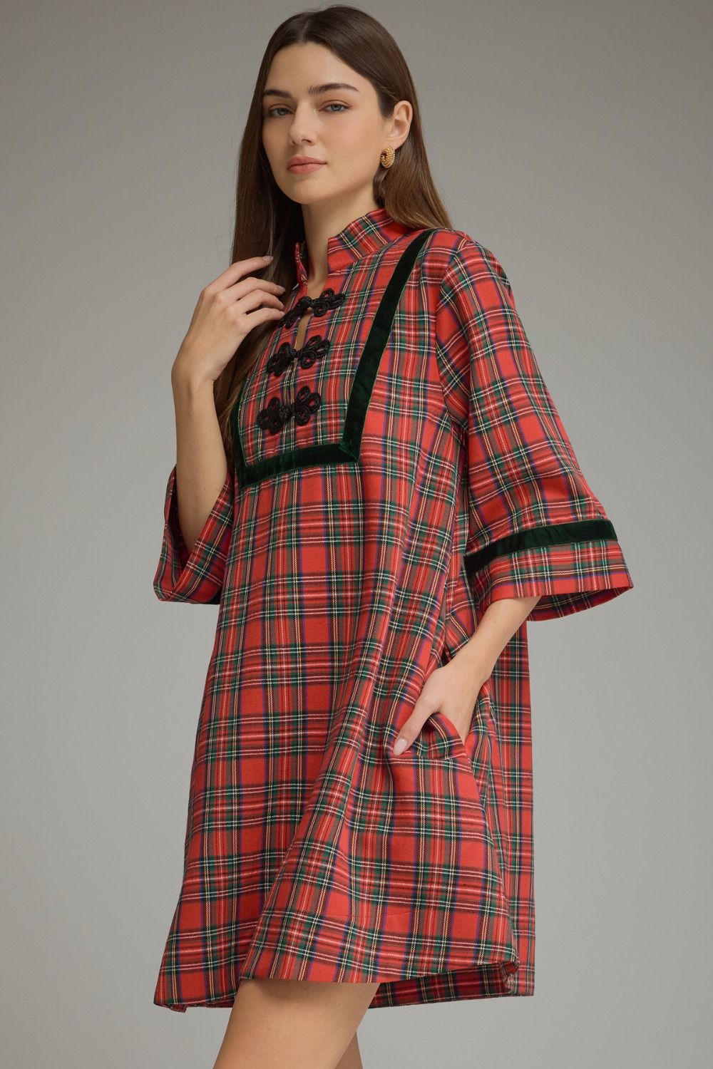 Plaid 3/4 Sleeve Mini Dress - Red