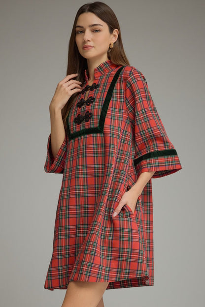 Plaid 3/4 Sleeve Mini Dress - Red