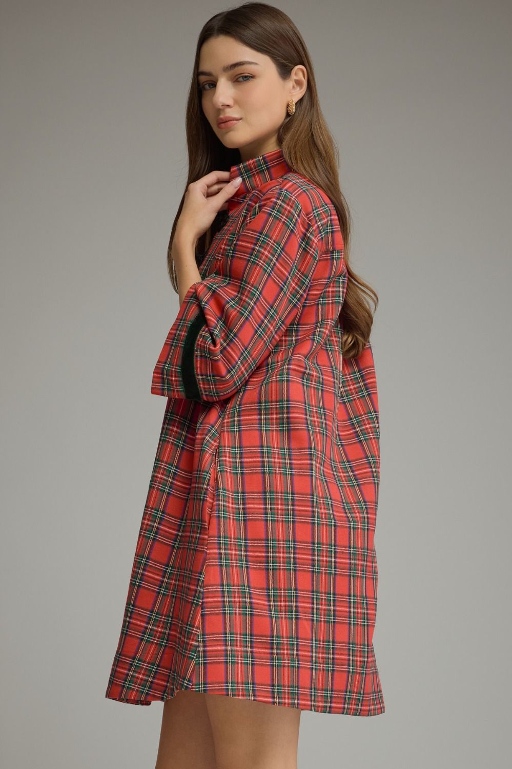 Plaid 3/4 Sleeve Mini Dress - Red