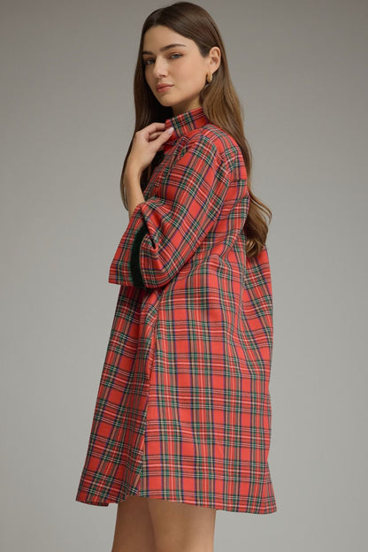 Plaid 3/4 Sleeve Mini Dress - Red