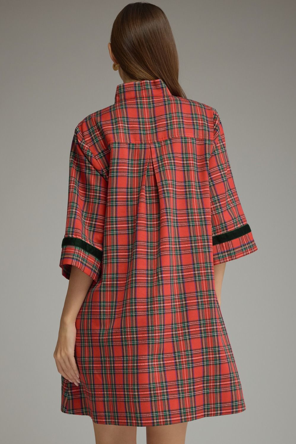 Plaid 3/4 Sleeve Mini Dress - Red