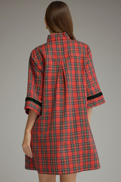 Plaid 3/4 Sleeve Mini Dress - Red