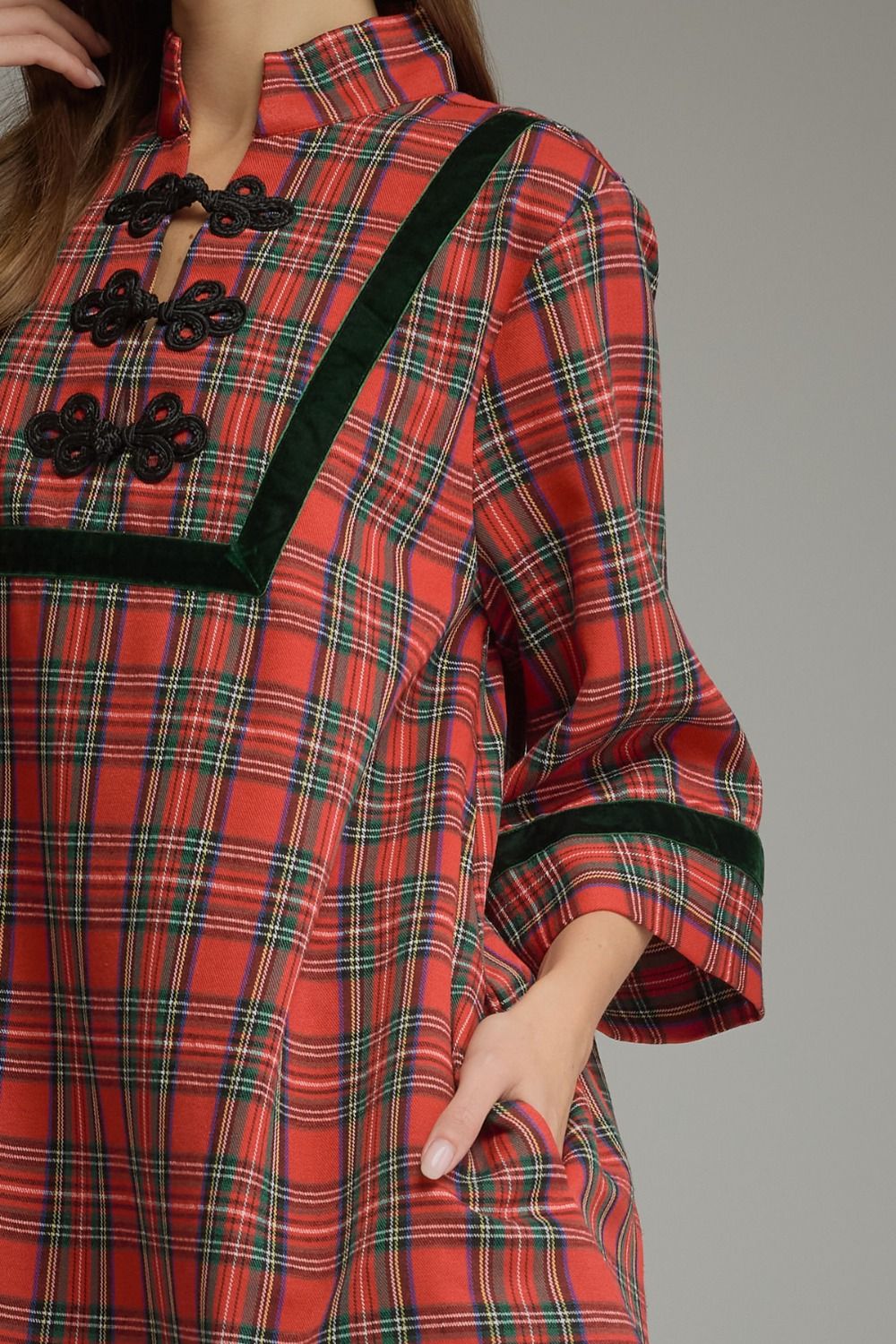 Plaid 3/4 Sleeve Mini Dress - Red