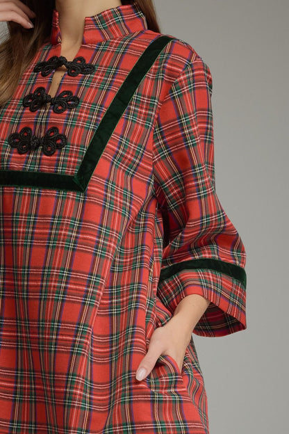 Plaid 3/4 Sleeve Mini Dress - Red