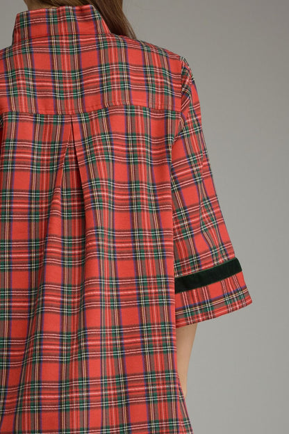 Plaid 3/4 Sleeve Mini Dress - Red