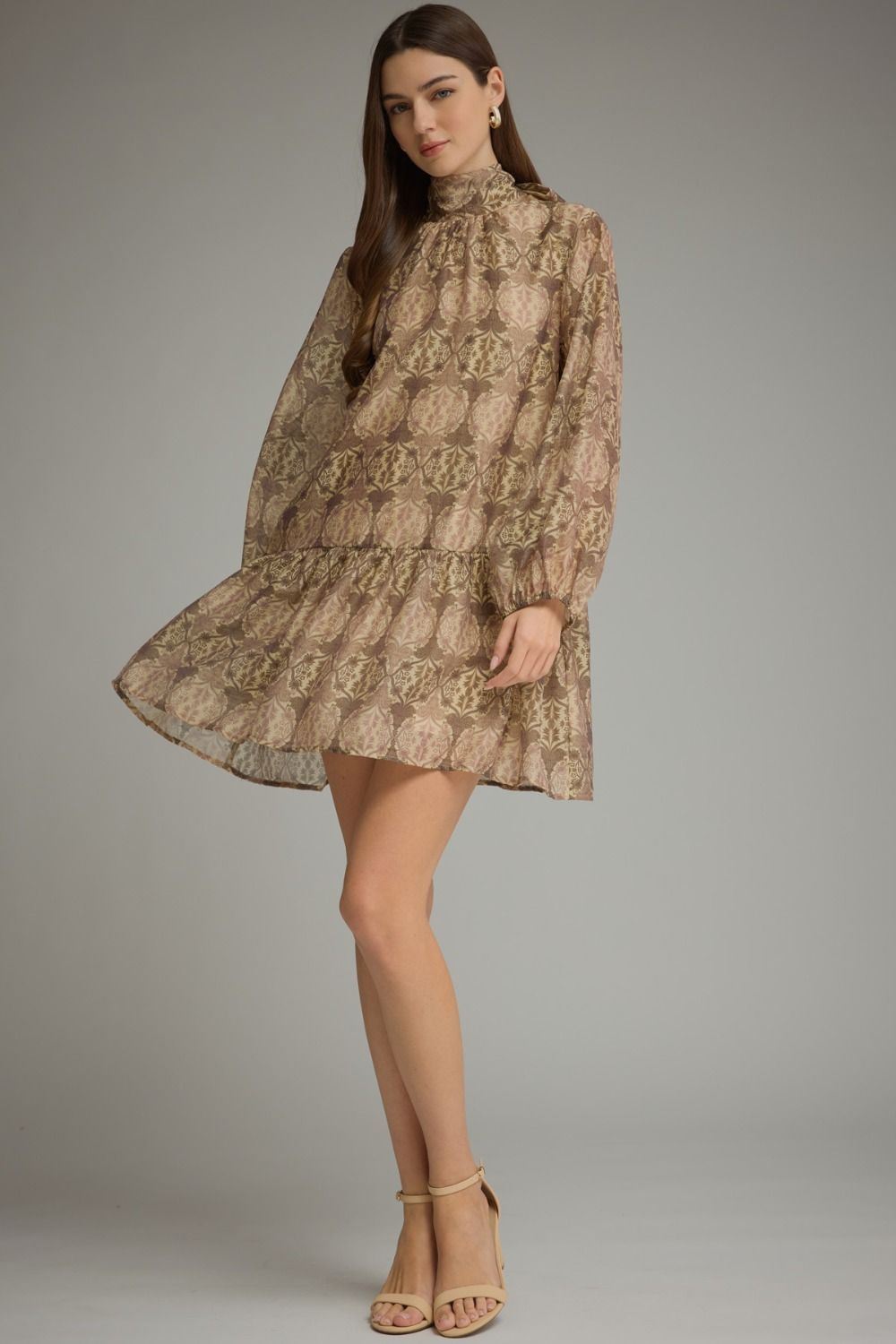 Print Long Sleeve Mini Dress - Ecru