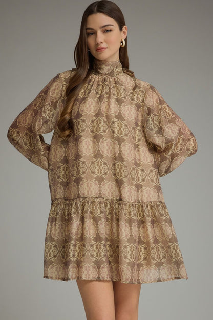 Print Long Sleeve Mini Dress - Ecru