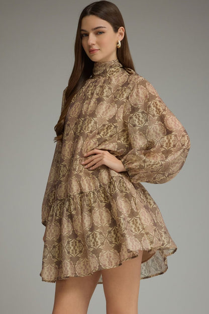 Print Long Sleeve Mini Dress - Ecru