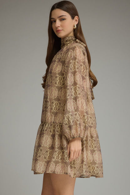 Print Long Sleeve Mini Dress - Ecru