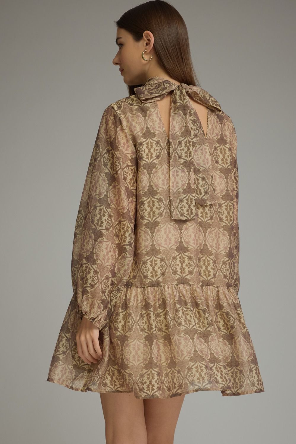 Print Long Sleeve Mini Dress - Ecru