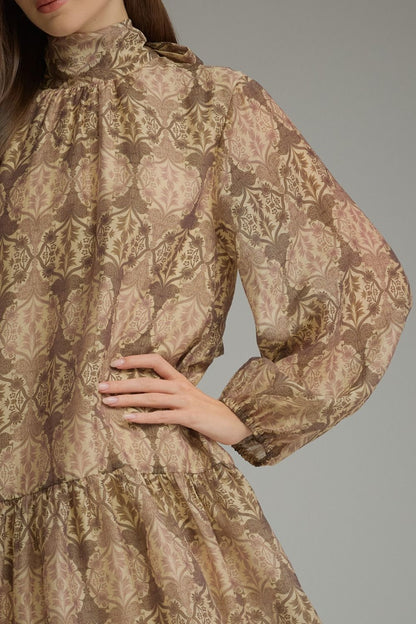 Print Long Sleeve Mini Dress - Ecru